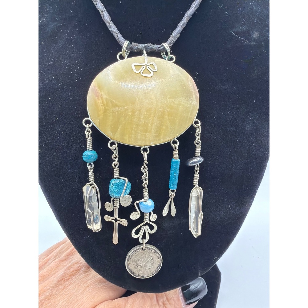 Vintage Peru Coin Mixed Media Statement Necklace Quartz Turquoise Leather Cord